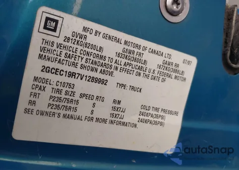 1997 Chevrolet C1500 Fleetside из США, поврежденный, VIN 2GCEC19R7V1289992